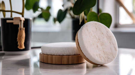 A white sponge sitting on top of a counter next to a potted plant. Generative AI image.の素材