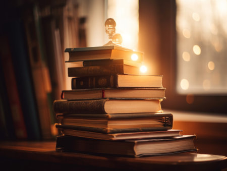 A stack of books sitting on top of a wooden table. Generative AI image.の素材
