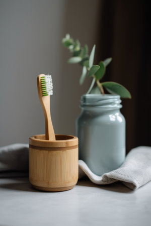 A wooden toothbrush holder with a green toothbrush in it. Generative AI image.の素材