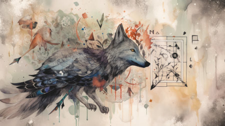 A painting of a bird with music notes in the background. Generative AI image.の素材