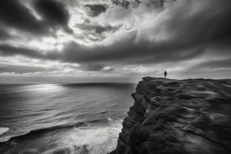 A person standing on top of a cliff next to the ocean. Generative AI image.の素材