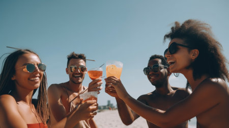 A group of friends toasting with drinks on the beach. Generative AI image.の素材