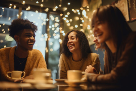 A group of people sitting around a table with cups of coffee. Generative AI image.の素材