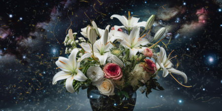 A vase filled with white and pink flowers. Generative AI image.の素材