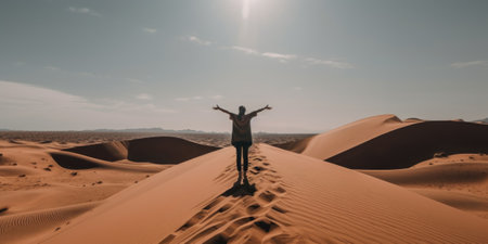 A person standing on top of a sand dune. Generative AI image.の素材