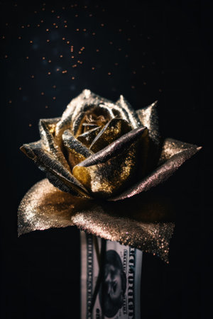 A gold rose sitting on top of a pile of money. Generative AI image.の素材