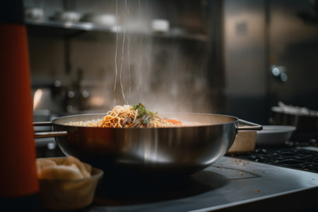 A bowl of food sitting on top of a stove. Generative AI image.の素材