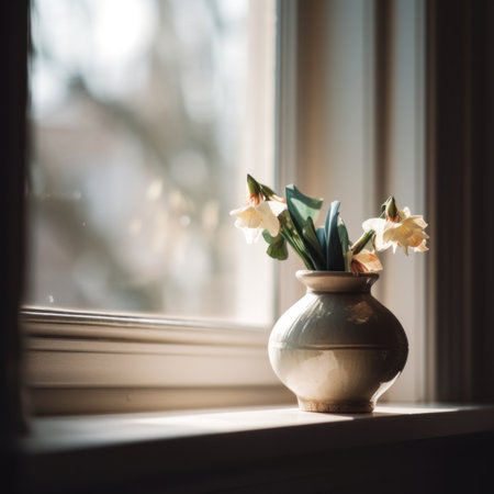A vase of flowers sitting on a window sill. Generative AI image.の素材