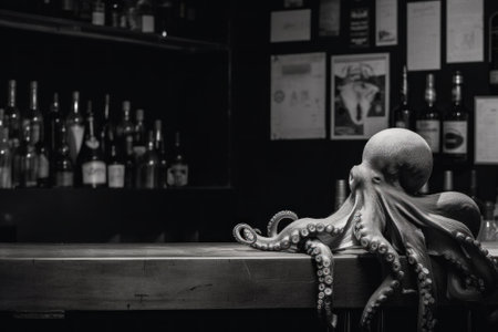 An octopus sitting on top of a wooden bar. Generative AI image.の素材