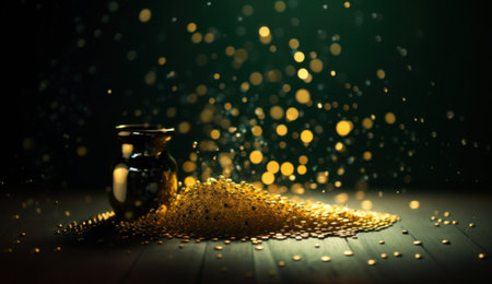 A black vase filled with lots of gold coins. Generative AI image.の素材