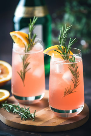 A couple of glasses filled with pink liquid and garnished with rosemary. Generative AI image.の素材