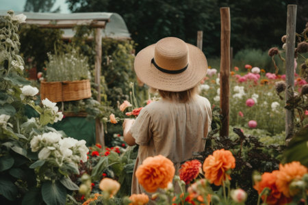 A woman wearing a hat and holding a bunch of flowers in a garden. Generative AI image.の素材
