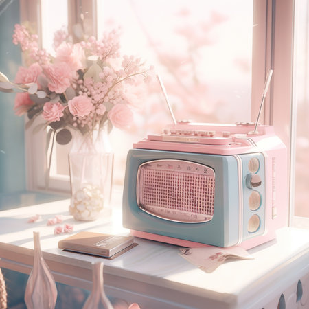 A pink and blue radio sitting on top of a table. Generative AI image.の素材