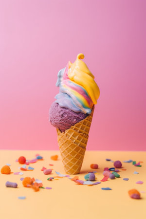 A colorful ice cream cone with sprinkles on a pink background. Generative AI image.の素材