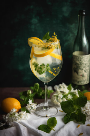 Elder flower Spritz coctail drink with lemon slices. Generative AI image.の素材