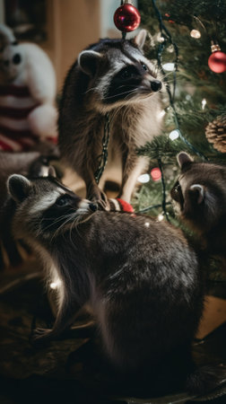 Three raccoons are standing in front of a christmas tree. Generative AI image.の素材