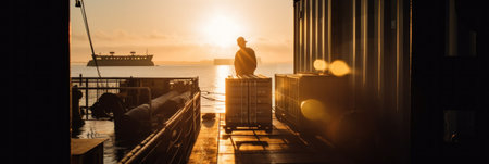 A man standing on a dock next to a boat. Generative AI image.の素材