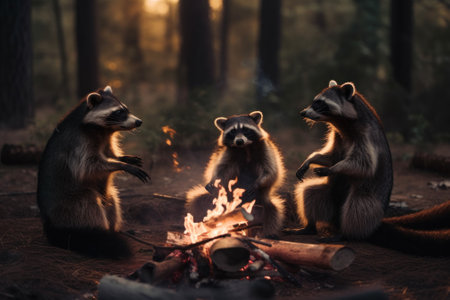 Three raccoons sitting around a campfire in the woods. Generative AI image.の素材