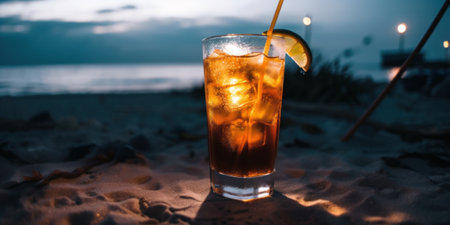 A tall glass of iced tea with a lime slice. Generative AI image.の素材