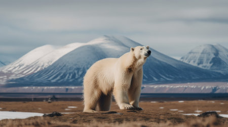 A polar bear standing on top of a dirt field. Generative AI image.の素材