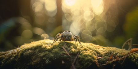 A spider sitting on top of a moss covered rock. Generative AI image.の素材
