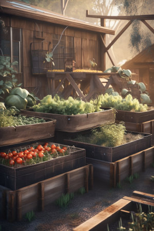 A bunch of wooden boxes filled with vegetables. Generative AI image.の素材