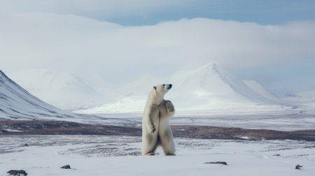 A polar bear standing on its hind legs in the snow. Generative AI image.の素材