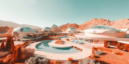 A futuristic house in the desert with a pool. Generative AI image.の素材