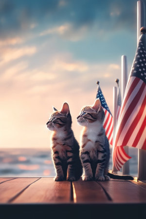 A couple of cats sitting on top of a wooden dock. Generative AI image.の素材