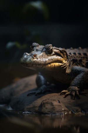 A frog sitting on top of a rock next to water. Generative AI image.の素材