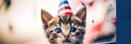 A small kitten with a party hat on. Generative AI image.の素材