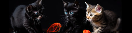 Three kittens playing with a ball of yarn. Generative AI image.の素材