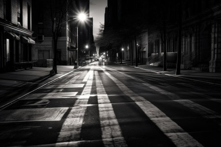 A black and white photo of a street at night. Generative AI image.の素材