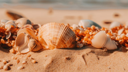 A group of seashells on a sandy beach. Generative AI image.の素材