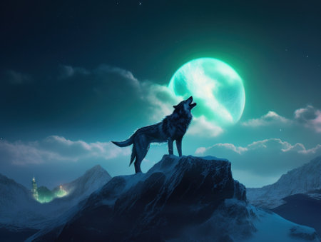 A wolf standing on top of a mountain under a full moon. Generative AI image.の素材