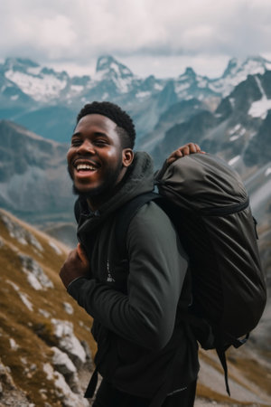 A man with a backpack on a mountain. Generative AI image.の素材