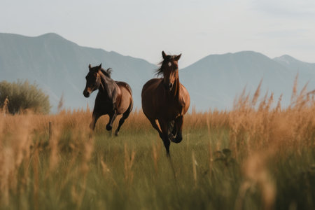 Two horses running in a field with mountains in the background. Generative AI image.の素材