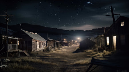 An old town at night with a full moon in the sky. Generative AI image.の素材