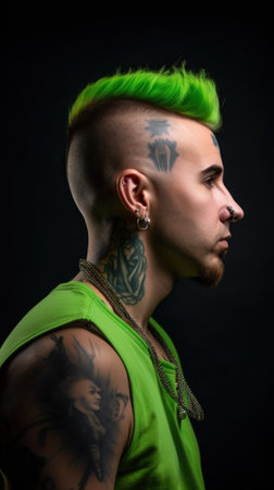 A man with green hair and tattoos on his face. Generative AI image.の素材