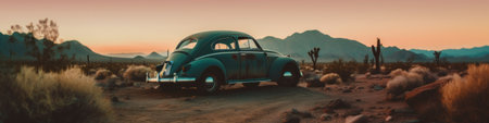 An old car is parked on a dirt road. Generative AI image.の素材
