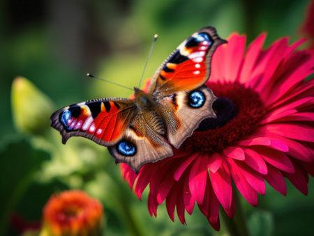 A butterfly is sitting on a red flower. Generative AI image.の素材