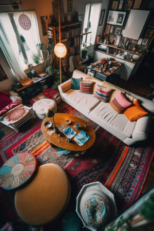 A living room filled with furniture and a large window. Generative AI image.の素材