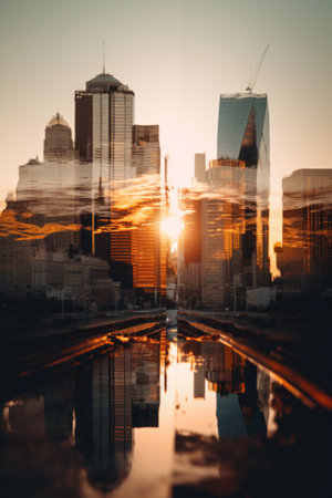 A reflection of the sun in a puddle of water. Generative AI image.の素材