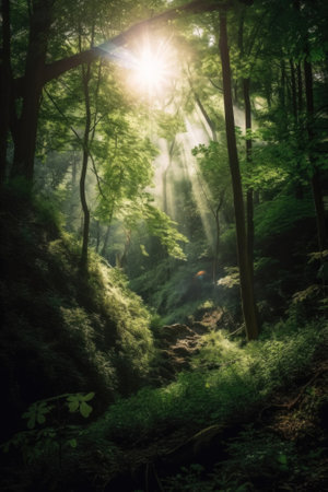 The sun shines through the trees in the forest. Generative AI image.の素材