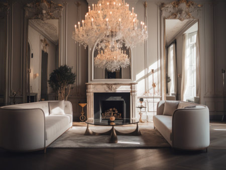 A living room filled with furniture and a chandelier. Generative AI image.の素材