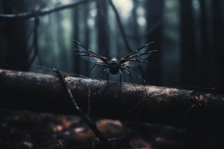 A spider sitting on top of a tree branch. Generative AI image.の素材