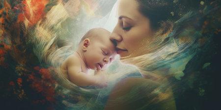A woman holding a baby in her arms. Generative AI image.の素材