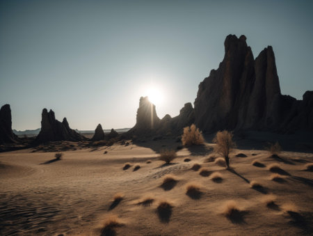 The sun is setting over a desert landscape. Generative AI image.の素材