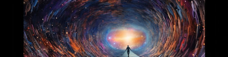 A man standing in a tunnel with a sky background. Generative AI image.の素材