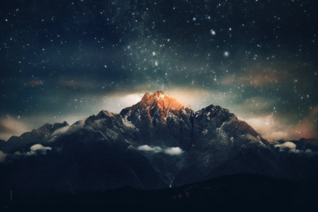 A mountain covered in snow under a night sky. Generative AI image.の素材